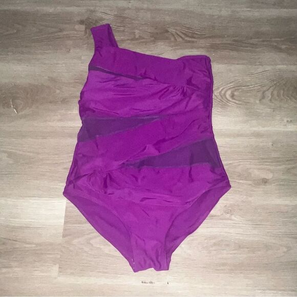 Women's Bright Magenta Purple Asymetrical One Piece Swimsuit - Picture 2 of 9